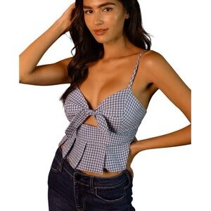 kirious Anthro blue crop top design blouse gingham pattern bowtie ruffles sz M